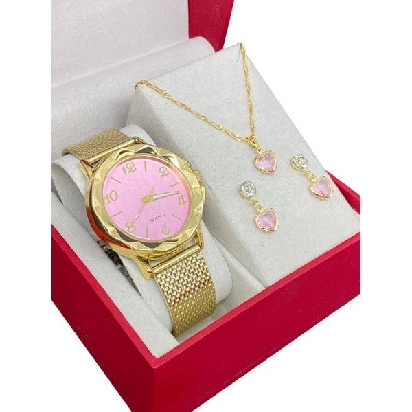 🔥OFERTA🔥 Relógio Feminino + Kit Colar Brincos Folheado.