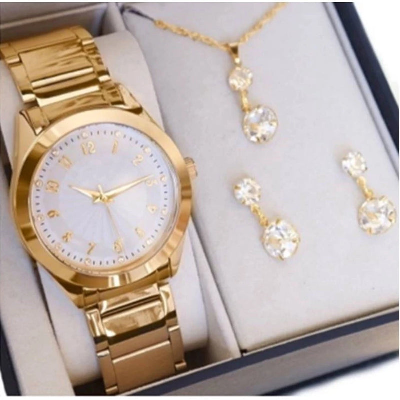 🔥OFERTA🔥 Relógio Feminino + Kit Colar Brincos Folheado.